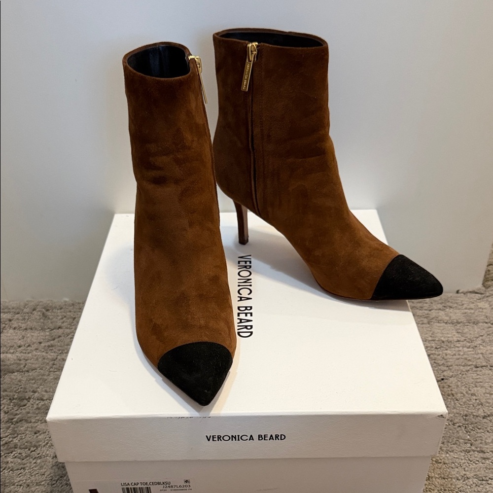 Veronica Beard Brown Suede Ankle Boots with Black Cap Toe